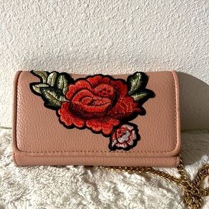 Crossbody small wallet purse with rose patch. Gold chain strap included.